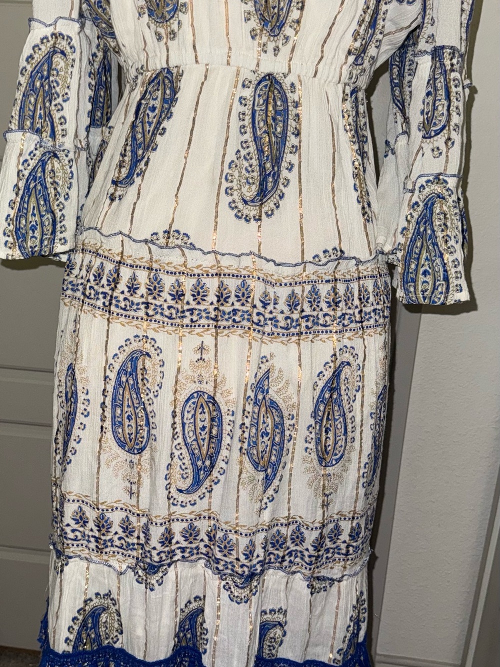 Off-Shoulder White Maxi Dress with Blue Paisley Print - Picture 7 of 11